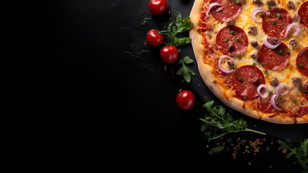 Pizza salata su pietra nera vista superiore topping gustosi spazio laterale sinistro per il testo