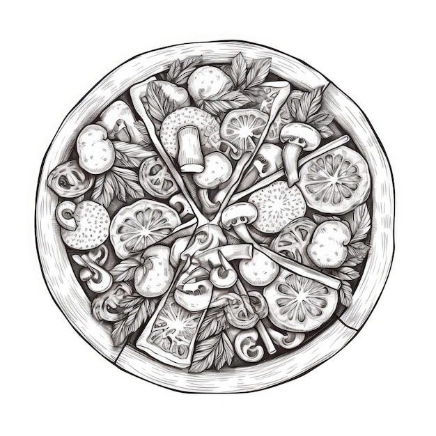 Pizza Sketch Pizza disegnata a mano Fette di pizza Pizzeria tradizionale Gravatura Imitazione Sketch di panetteria Fast Food Doodle Cucina italiana Piatto AI Illustrazione generativa