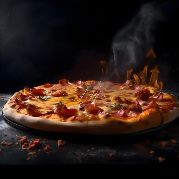 Pizza su sfondo nero con fuoco e fumo Primo piano