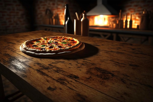 Pizza sul tavolo di legno su sfondo sfocato del forno