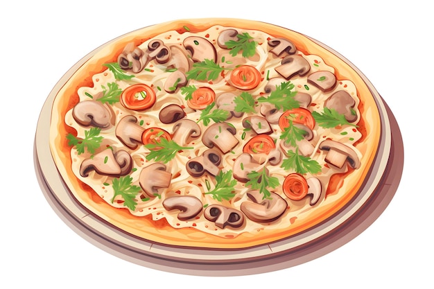 Pizza tradizionale con funghi e salsa bianca in stile piatto isolata su sfondo bianco