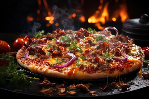Pizza tradizionale italiana calda e gustosa con carne e verdure con fumo e fuoco