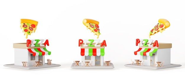 Pizzeria all'esterno dell'edificio del ristorante con tavoli e sedie sulla terrazza davanti e vista angolare modello 3d isometrico caffè fast food piccolo stand con ingresso del cartello e icona della pizza italiana