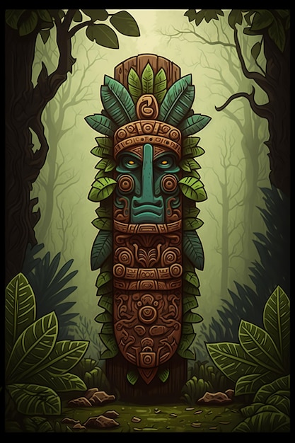 Plancia totem Maya piatta 2D Sfondo foresta 2D IA generativa