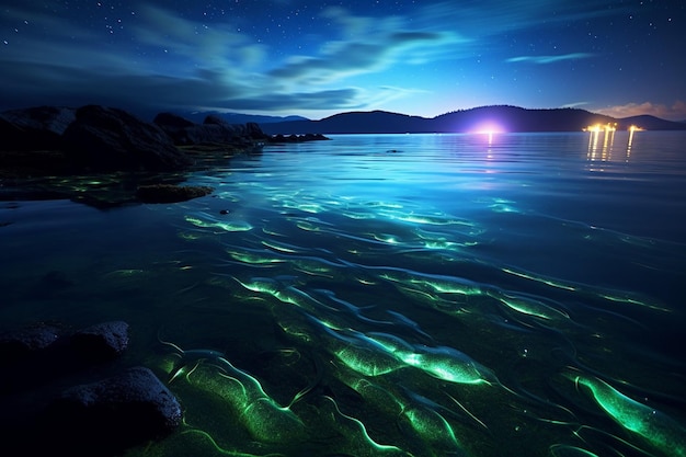 Plancton bioluminescente luminoso che illumina una costa buia