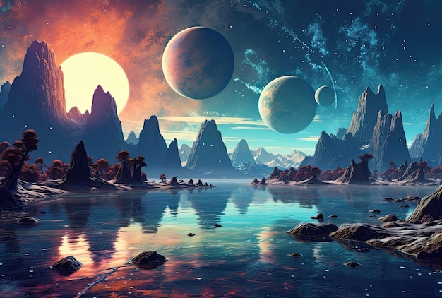 Planeta alieno fantastico montagna e lago illustrazione 3D