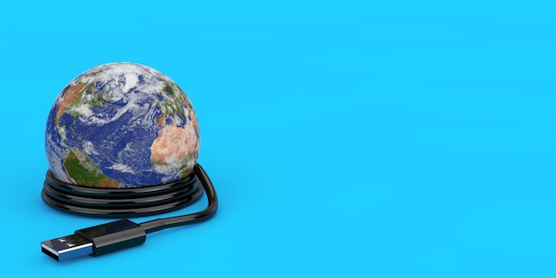 Planete Earth World Globe con cavo USB su sfondo blu Elementi di questa immagine forniti dalla NASA 3d Rendering