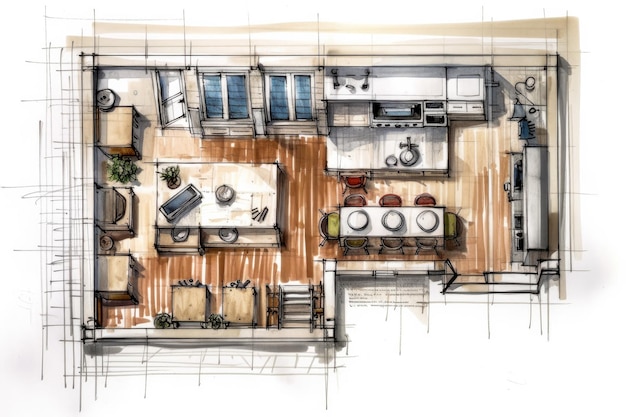 Planimetria di una nuova cucina disegnata da un architetto