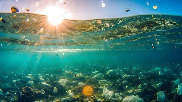 Plastic Ocean Una ripresa subacquea della fauna marina circondata da rifiuti di plastica per aumentare la consapevolezza sull'inquinamento degli oceani Generative ai