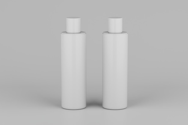 Plastica bianca shampoo gel doccia pelle tonico più bottiglia cosmetica galleggiante Mockup 3D rendering