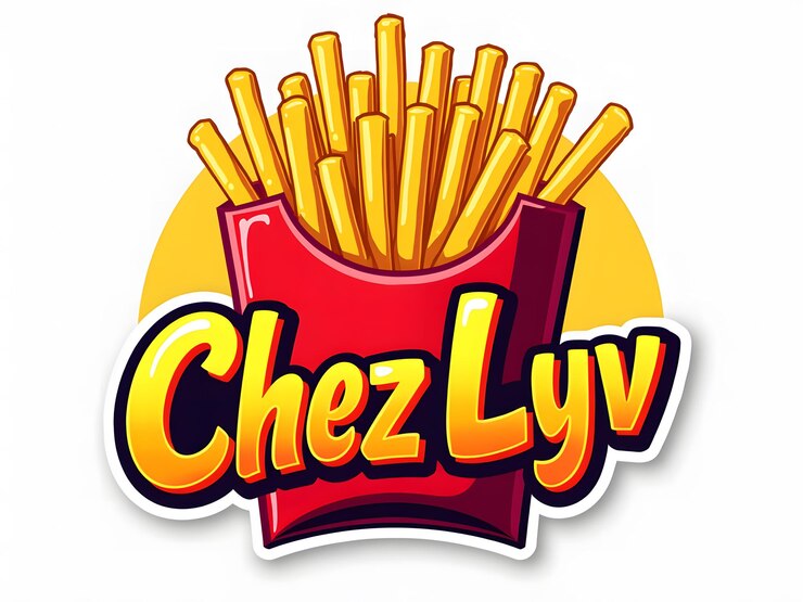 Playful fastfood logo Chez Lyv with red fries box bold lettering vibrant and appetizing design