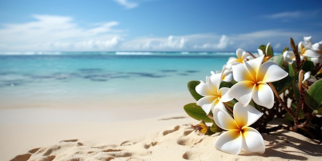 Plumeria Frangipani su sfondo di mare tropicale e cielo blu sulla spiaggia Tempo festivo estivo IA generativa