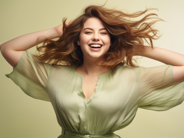 Plus size donna in posa dinamica emotiva