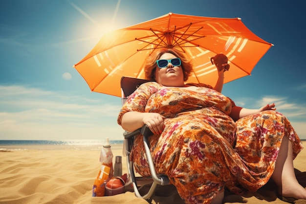 Plus size donna rilassante sulla spiaggia Concetto di obesità IA generativa