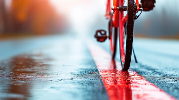 Pneumatici bagnati di bicicletta su una strada piovosa