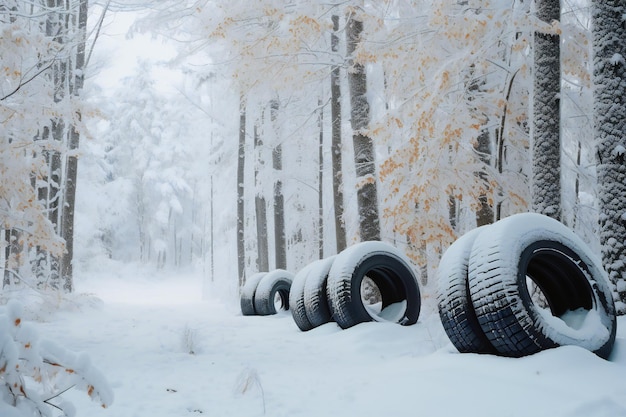 Pneumatici da inverno in una foresta innevata con spazio vuoto