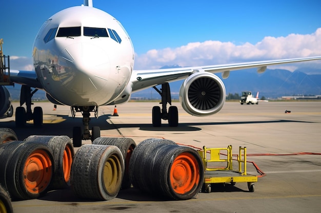 Pneumatici di aeroplano ricoperti di cenere vulcanica Stock Photo