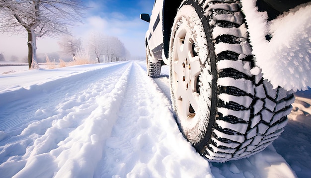 Pneumatici invernali coperti di neve sulla strada innevata