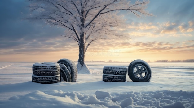 Pneumatici invernali su strada innevata striscia di pneumatici per auto per affari creata con la tecnologia Generative Al