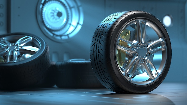 Pneumatici per auto in una stanza futuristica