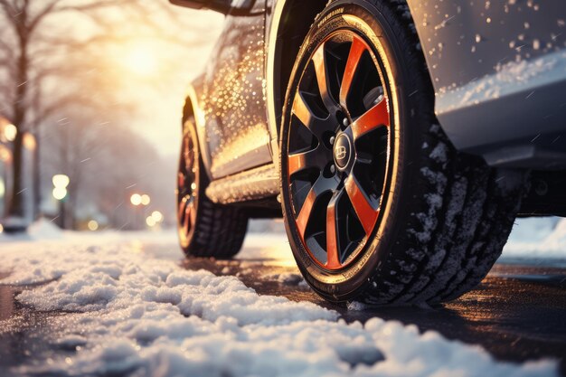 Pneumatici per auto invernali innevati nella stagione invernale che nevica su strada bagnata Ai generativi