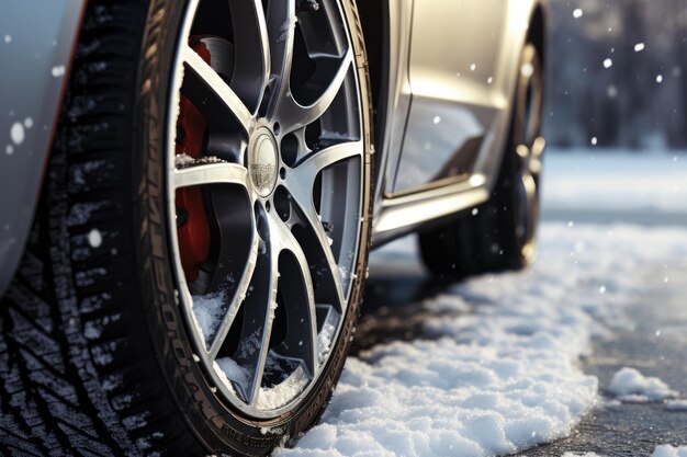 Pneumatici per auto invernali innevati nella stagione invernale che nevica su strada bagnata Ai generativi