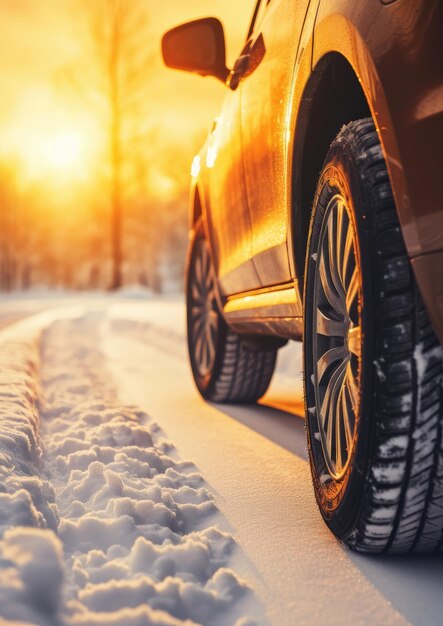 Pneumatici per auto invernali innevati nella stagione invernale che nevica su strada bagnata Ai generativi