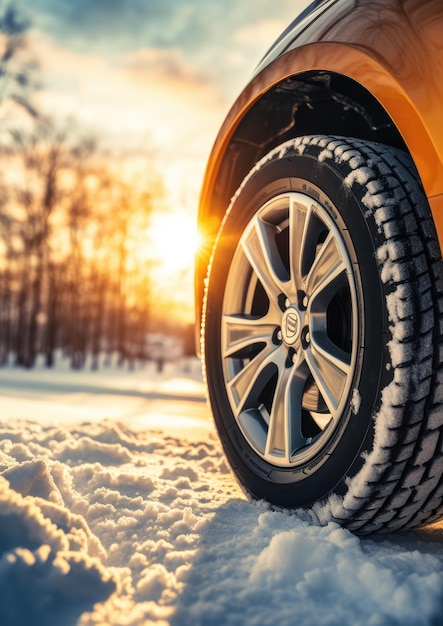 Pneumatici per auto invernali innevati nella stagione invernale che nevica su strada bagnata Ai generativi