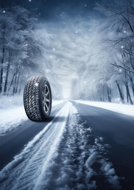 Pneumatici per auto invernali innevati nella stagione invernale che nevica su strada bagnata Ai generativi