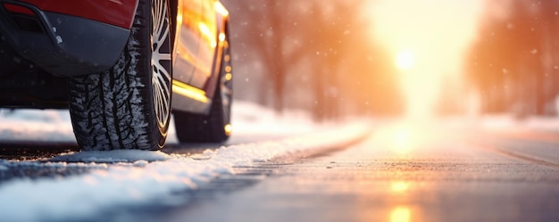 Pneumatici per auto invernali innevati nella stagione invernale che nevica sul panorama banner strada bagnata Ai generativa