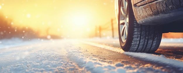 Pneumatici per auto invernali innevati nella stagione invernale che nevica sul panorama banner strada bagnata Ai generativa