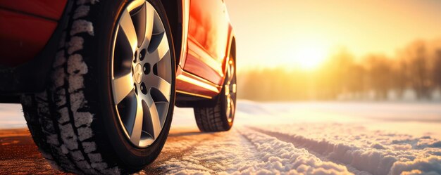 Pneumatici per auto invernali innevati nella stagione invernale che nevica sul panorama banner strada bagnata Ai generativa