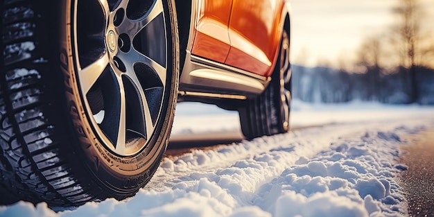 Pneumatici per auto su strada invernale ricoperta di neve