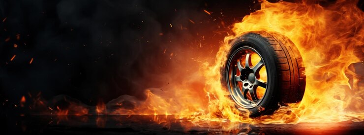 Pneumatici per auto sullo sfondo di un incendio