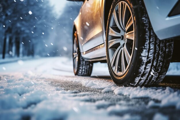 Pneumatico invernale Auto su strada innevata Pneumatici sul dettaglio autostrada nevoso
