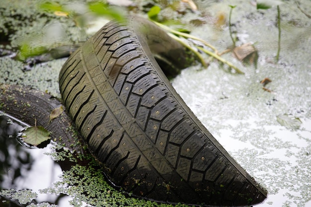 Pneumatico per auto in acqua. concetto di incidente