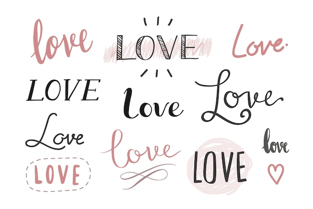 Png amore parola disegnata a mano set trasparente