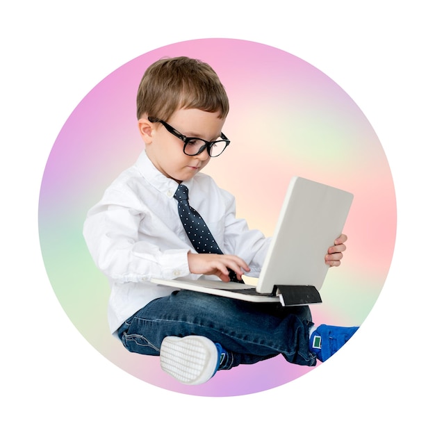 Png boy using a laptop round badge transparent background