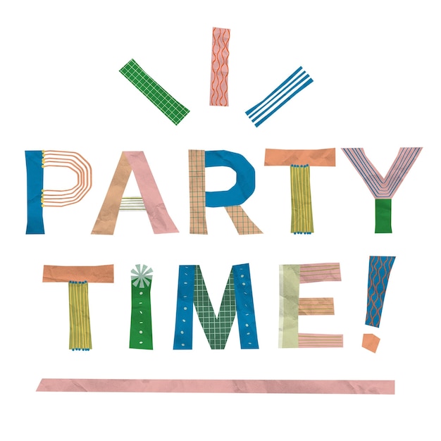 Png party time tipografia collage elemento adesivo a disegno su sfondo trasparente