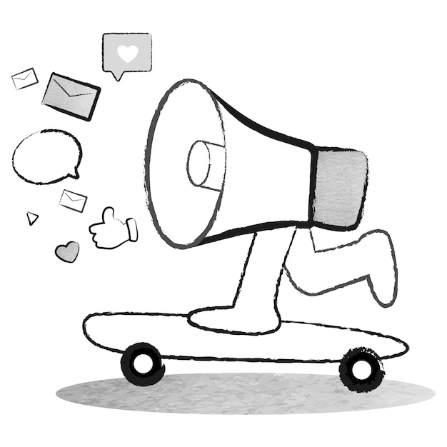 Png pubblicità sui social media megafono carino su un'illustrazione di skate doodle