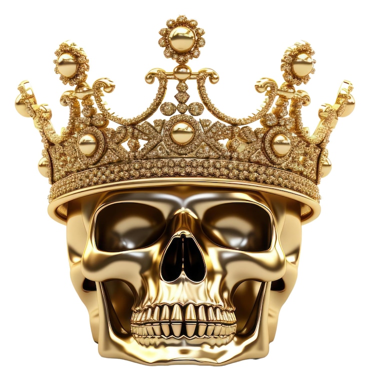 Foto png teschio con corona gioielli d'oro sfondo bianco