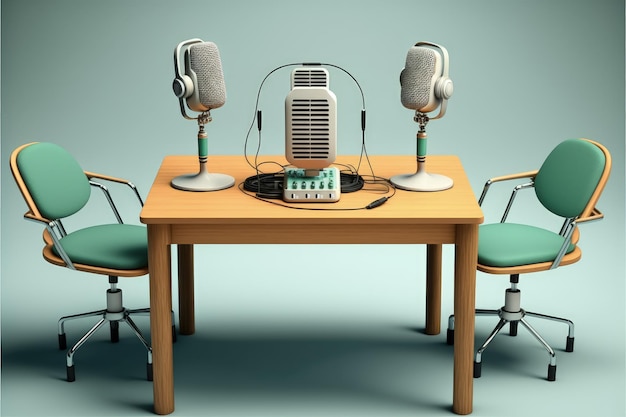 Podcast studio con scrivania e microfoni AI