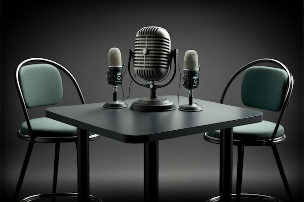 Podcast studio con scrivania e microfoni AI