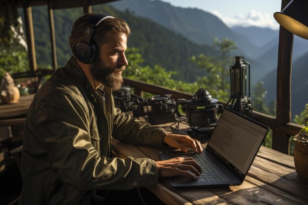 Podcaster che registra un episodio all'aperto in un ambiente naturale panoramico AI generativa