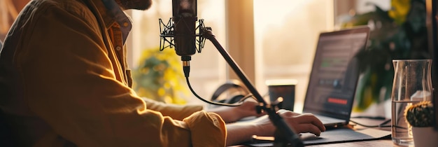 Podcaster maschio parla in un microfono in uno studio luminoso con uno schermo del computer e piante