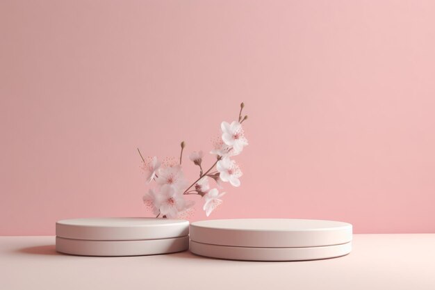Podi geometrici minimalisti di eleganza in fiore adornati con fiori delicati su un fondo rosa pastello