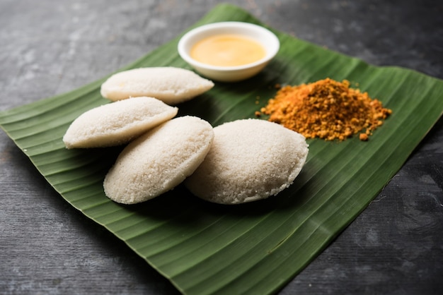 Podi idli è uno snack facile e veloce fatto con gli avanzi pigramente. servito con sambar e chutney di cocco. messa a fuoco selettiva