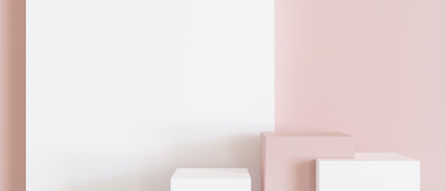 Podi rosa e bianchi impostati per la presentazione cosmetica del prodotto Mock up moderno Piedistallo o piattaforma per prodotti di bellezza Scena vuota Copia spazio per logo o testo Banner 3D rendering