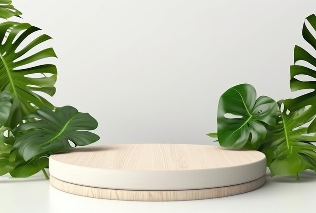 Podio 3D con display in legno, sfondo bianco e foglia di palma verde Monstera. AI generativa