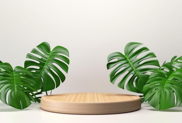 Podio 3D con display in legno, sfondo bianco e foglia di palma verde Monstera. AI generativa